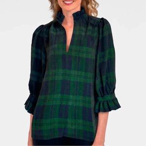 Gretchen Scott ruffle neck Tunic Top Green and Blue Plaid Women's Top New